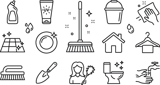 House cleaning and housekeeping line icon set featuring broom bucket scrub brush toilet plate washing detergents towel hanger and maid service symbols