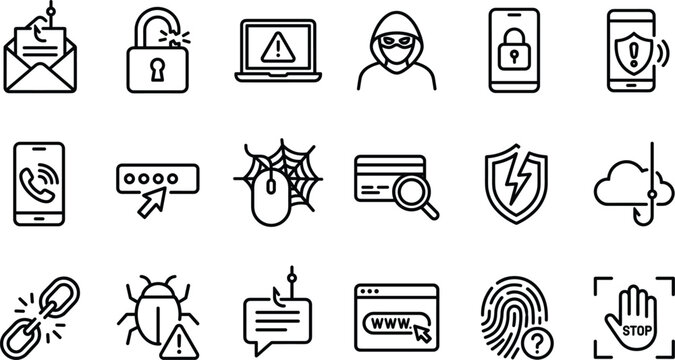 Cyber security and hacking line icon set featuring phishing, password data breach, malware, virus, and hacker
