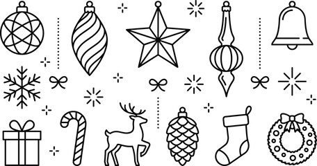 Christmas ornament and holiday element collection with reindeer snowflakes and gift box, vector black and white line art coloring page illustration isolated on white background. © MSTKAOCHARA