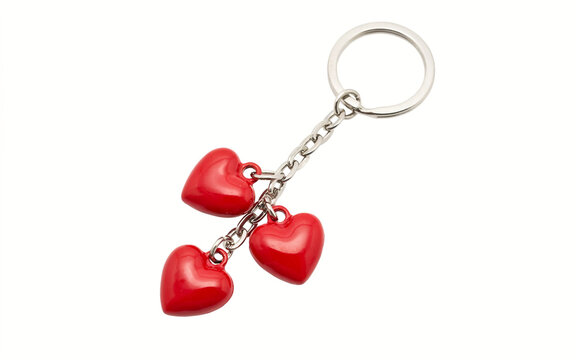 Red heart shaped keychain with three dangling heart charms attached by silver chain links