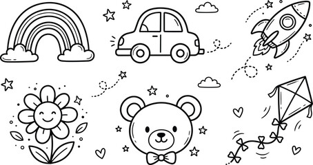 Cute children toy and nursery doodle vector set featuring rainbow toy car space rocket ship smiling flower teddy bear head and flying kite symbols © MSTKAOCHARA