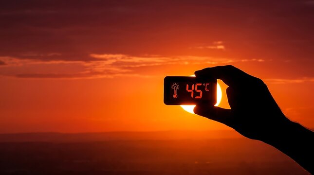 Hand holding a digital thermometer showing extreme high temperature against a dramatic orange sunset sky, illustrating global warming, heatwave and climate change.