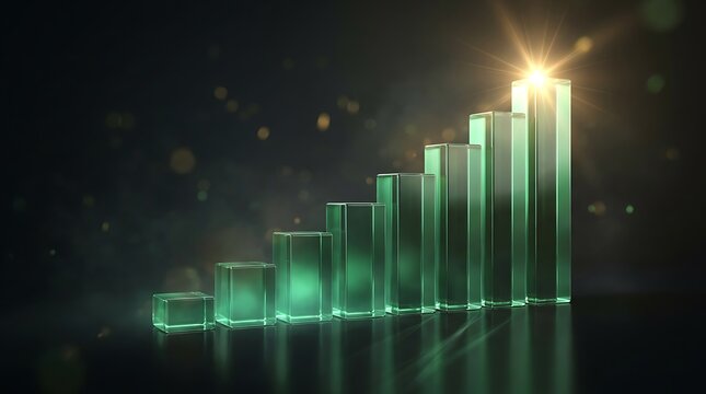 Glowing green growth bar chart illustration representing financial success, business growth and rising profit on a dark bokeh background.