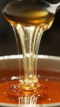 Golden honey drips from a spoon into a bowl, showcasing the smooth texture and viscosity of the liquid in a close-up shot with a blurred background