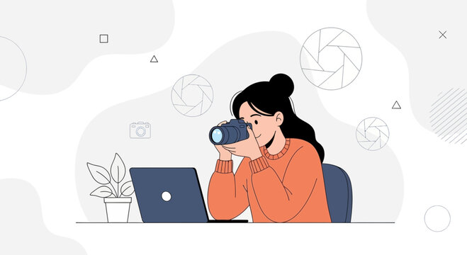 Woman photographer with camera and laptop, illustration with abstract shapes and camera aperture graphics.