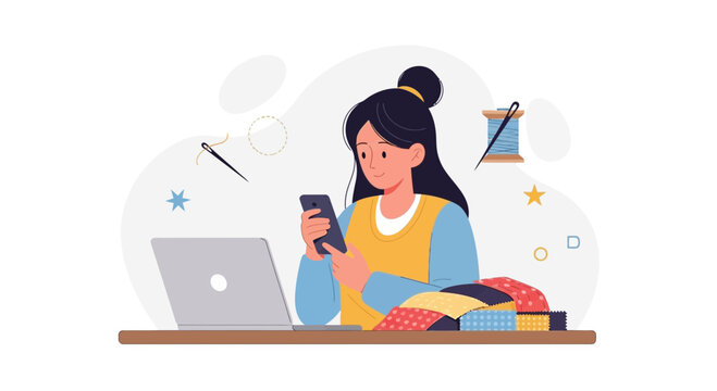Woman sewing and quilting with smartphone and laptop, digital crafting concept