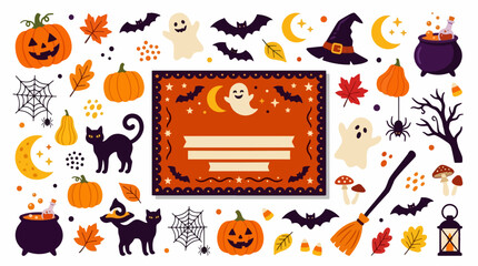 Fototapeta premium Happy Halloween Elements Collection: A vibrant collection of classic Halloween motifs, including grinning jack-o'-lanterns, playful ghosts, mischievous black cats, and spooky bats.