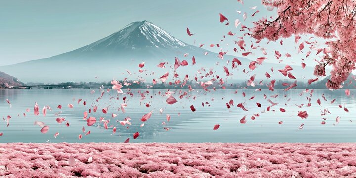 Snowy mountain lake with pink cherry petals for romantic spring decor.

