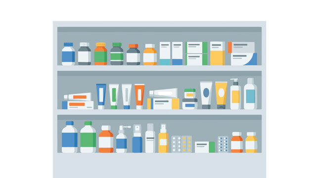 Pharmacy Shelving: A well-stocked pharmacy shelf displays a variety of medicine bottles, tubes, and boxes, representing healthcare and pharmaceutical products.