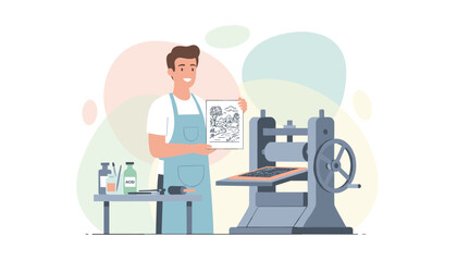 Fototapeta premium Artisan printmaker holding a landscape etching paper next to an industrial printing press on a table with etching tools and chemicals.