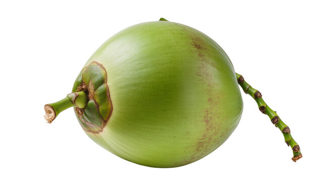 Isolated young green coconut with stem cut off, fresh tropical fruit for natural beverage