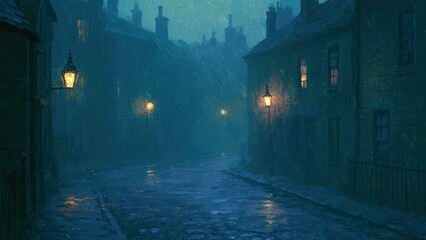 Fototapeta premium 雨降る夜の古い街並みと光る街灯 青く幻想的な石畳の路地背景