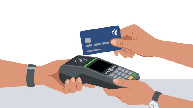 Contactless Payment: A hand inserts a credit card into a payment terminal, demonstrating a quick and convenient transaction.
