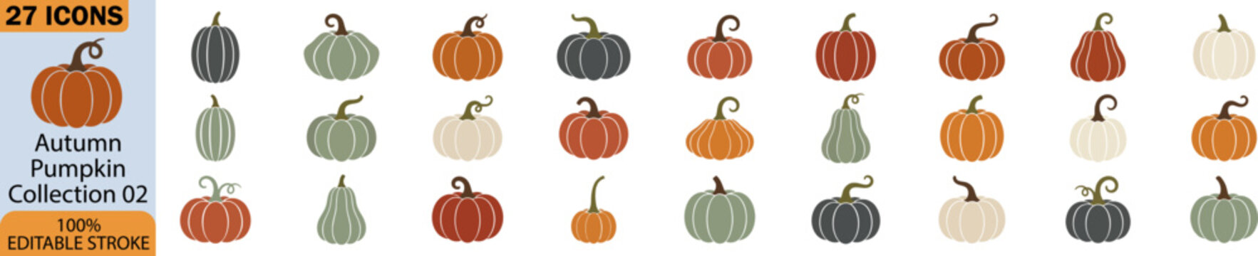 Autumn pumpkin icon set 45 vector illustrations for fall designs