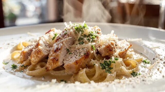 Delicious Steaming Fettuccine Alfredo Pasta with Grilled Chicken Breast and Parmesan Cheese