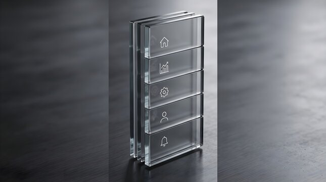 Layered Transparent Glass Navigation Menu Above Dark Wooden Surface