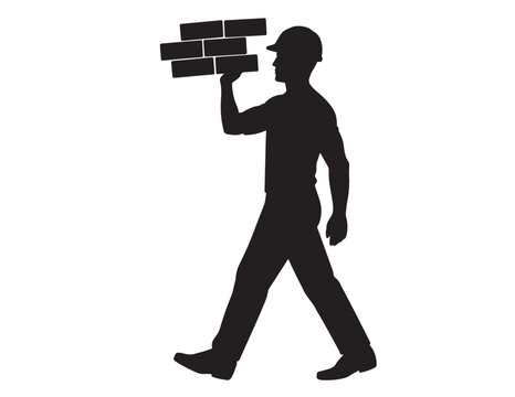 Silhouette of construction worker carrying bricks vector illustration on white background