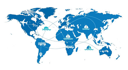 Naklejka premium Global Logistics and Travel Network World Map Illustration with Transportation Icons and Shipping Routes