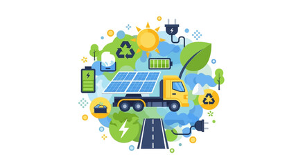Naklejka premium Green Logistics and Sustainable Transport Illustration with Solar Powered Electric Truck and Renewable Energy Icons for Eco-Friendly Supply Chain and Global Sustainability