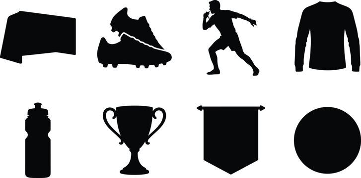 Set of soccer and football equipment vector icons featuring cleats goal net referee trophy sports jersey and water bottle