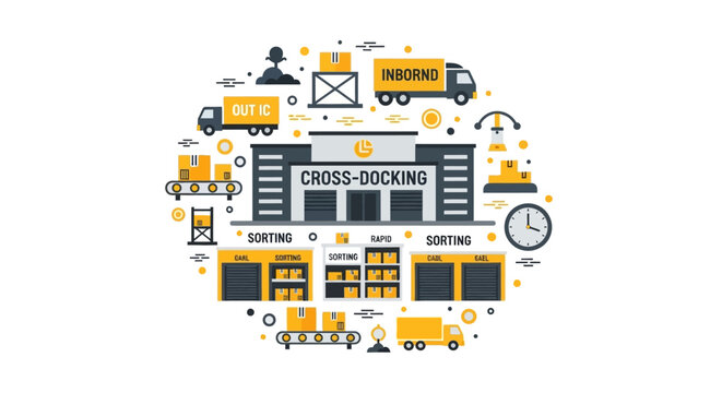 Cross-docking Logistics and Supply Chain Management Flat Design Illustration showing Warehouse Distribution Process