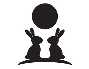 Rabbit silhouettes with circular moon black vector illustration on white background © Prodeep