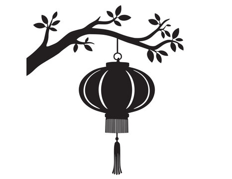 Black silhouette of a hanging lantern with a tree branch design