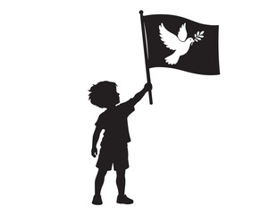 Silhouette of a child holding a flag with a dove vector graphic