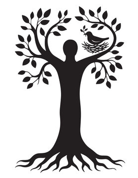 Black silhouette of a tree with a bird and nest vector illustration