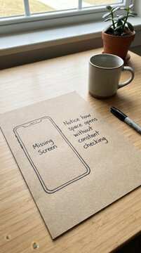 Minimal desk scene of a drawn phone with 'Missing Screen' and message about Digital Detox