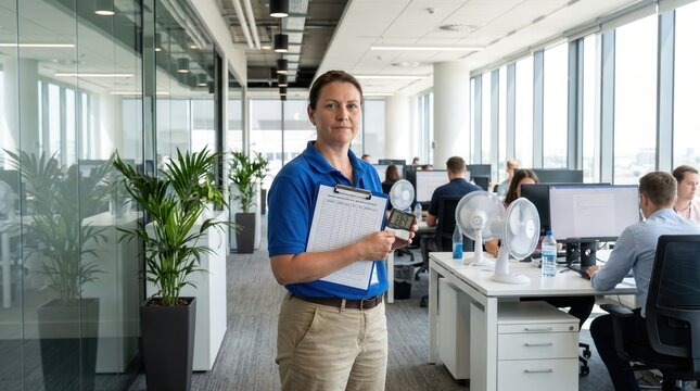 Office Manager Ensuring Heatwave Safety with Clipboard and Fan