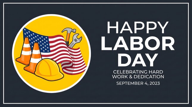 Happy labor day illustration with construction helmet tools and american flag celebration hardwork