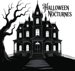 Fototapeta premium Halloween haunted house silhouette with crescent moon, dead trees