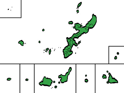 沖縄県地図 市町村区分 緑色 筆タッチ 和風 西日本 / A brushstroke map of Okinawa Prefecture / green