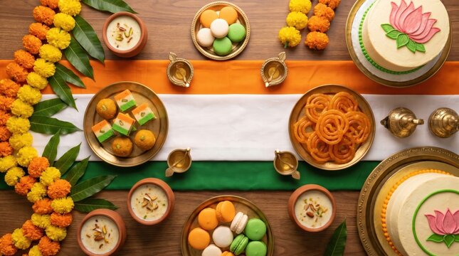 Vibrant Indian Food Spread Celebrating India's Independence Day with Tricolor Sweets