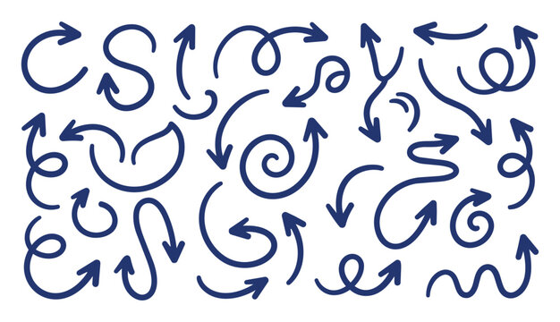 Collection of hand-drawn doodle arrows, curves, and swirls in navy blue, perfect for infographic and design elements.