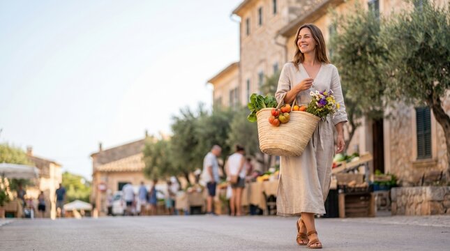 Woman with Straw Basket Shopping for Summer Bank Holiday