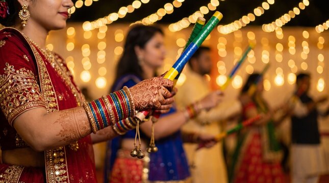 Radha Ashtami celebration, traditional Garba dance, Indian cultural festival, colorful dandiya sticks, festive women in ethnic attire, glowing lights and ... See More