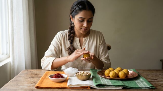 Woman preparing traditional Indian laddus for India's Independence Day celebration