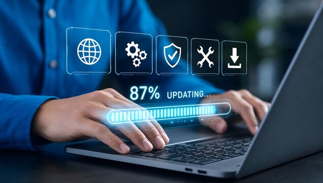 Man updating computer system on laptop with progress bar and icons, concept of software update and maintenance.