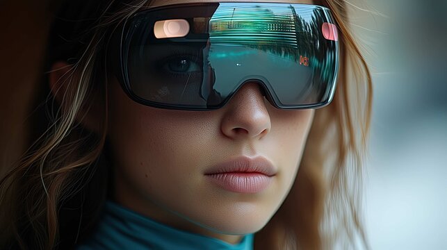 Person wearing futuristic digital augmented reality goggles showing reflection of technology and cityscape