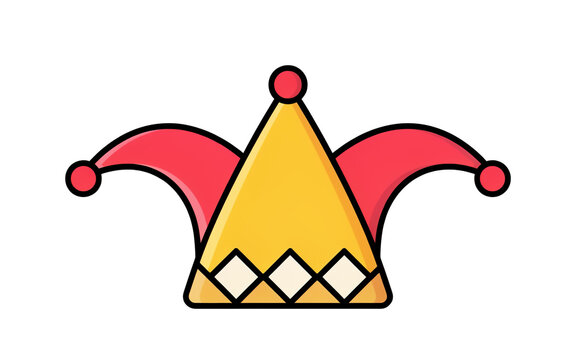 Colorful cartoon jester hat with red and yellow pointed sides and geometric pattern on transparent background