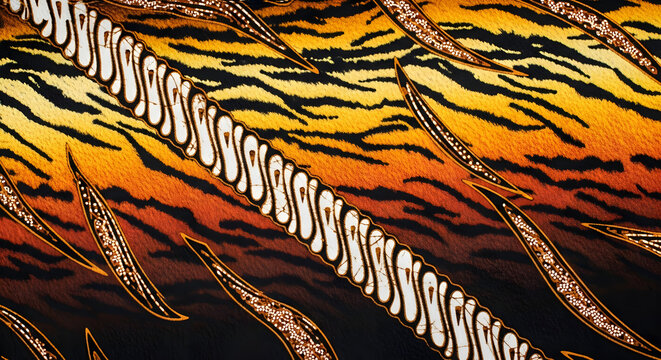 Vibrant Tiger Stripe and Batik Pattern Fabric Texture Background - Exotic Animal Print and Traditional Motif