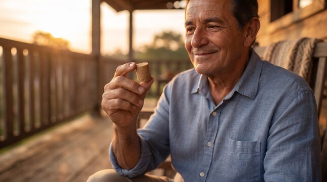 a man relaxing on a porch at sunset, holding a small cylindrical peanut candy from the reference image