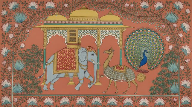 Mughal elephant and camel concept. Traditional indian holiday. Wild animals in traditional oriental accessories. Asian culture. Design element for postcard. Cartoon flat vector illustration