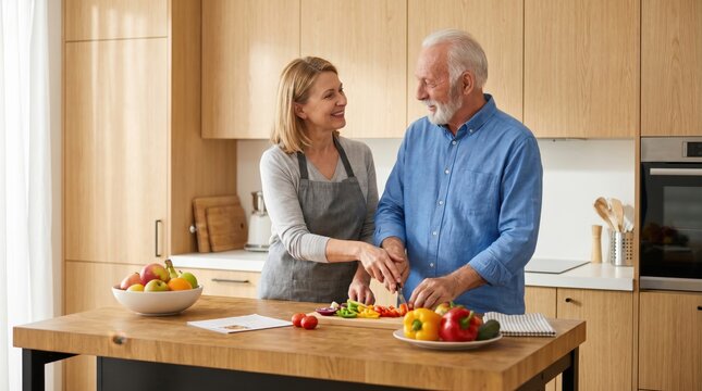 Caregiver Helps Senior Citizen Prepare Food for Senior Citizen Day
