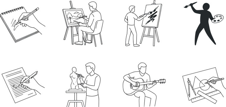Minimalist Creative Arts Line Art Illustrations Depicting Diverse Artistic Expressions