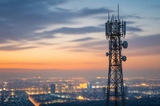 A telecommunications tower stands against a colorful sunset over a sprawling city skyline.