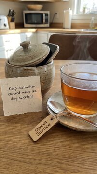 Enjoying a warm cup of tea during a Digital Detox moment, with a sweet silence message
