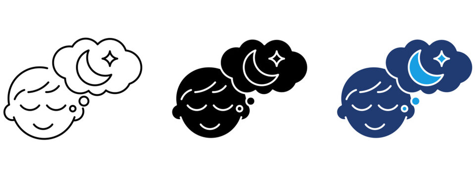 Person Sleeping and Dreaming Icon Set. Containing Moon, Stars, Thought Bubble, Night Routine and Rest Icons.